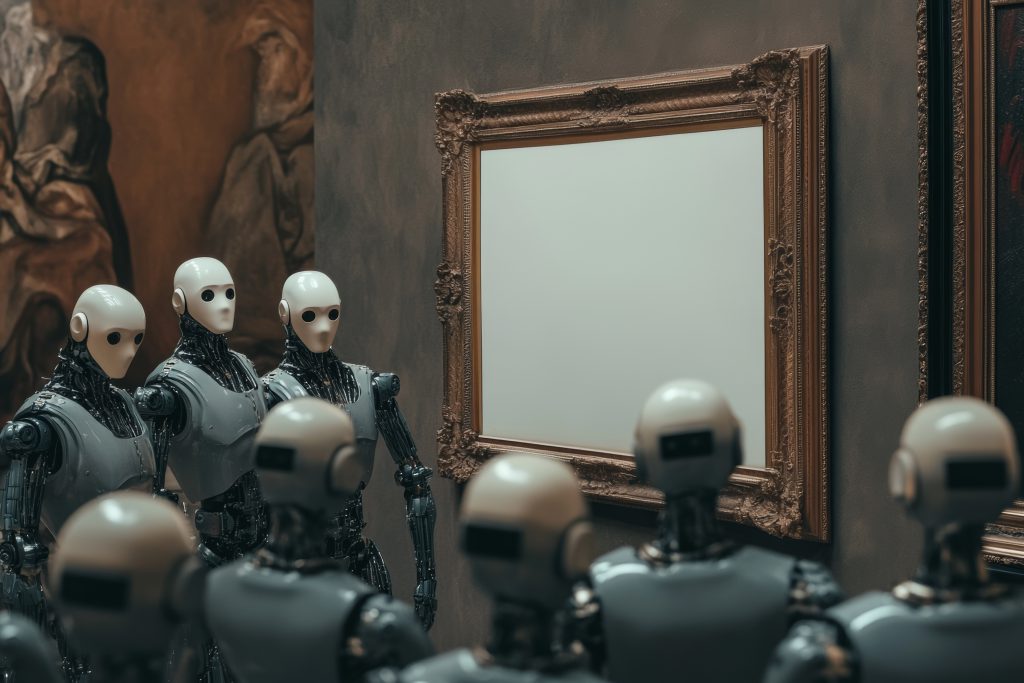 In a gallery setting, several AI robots stand before a blank canvas adorned with a baroque frame, gazing intently in a moment of curiosity and contemplation.